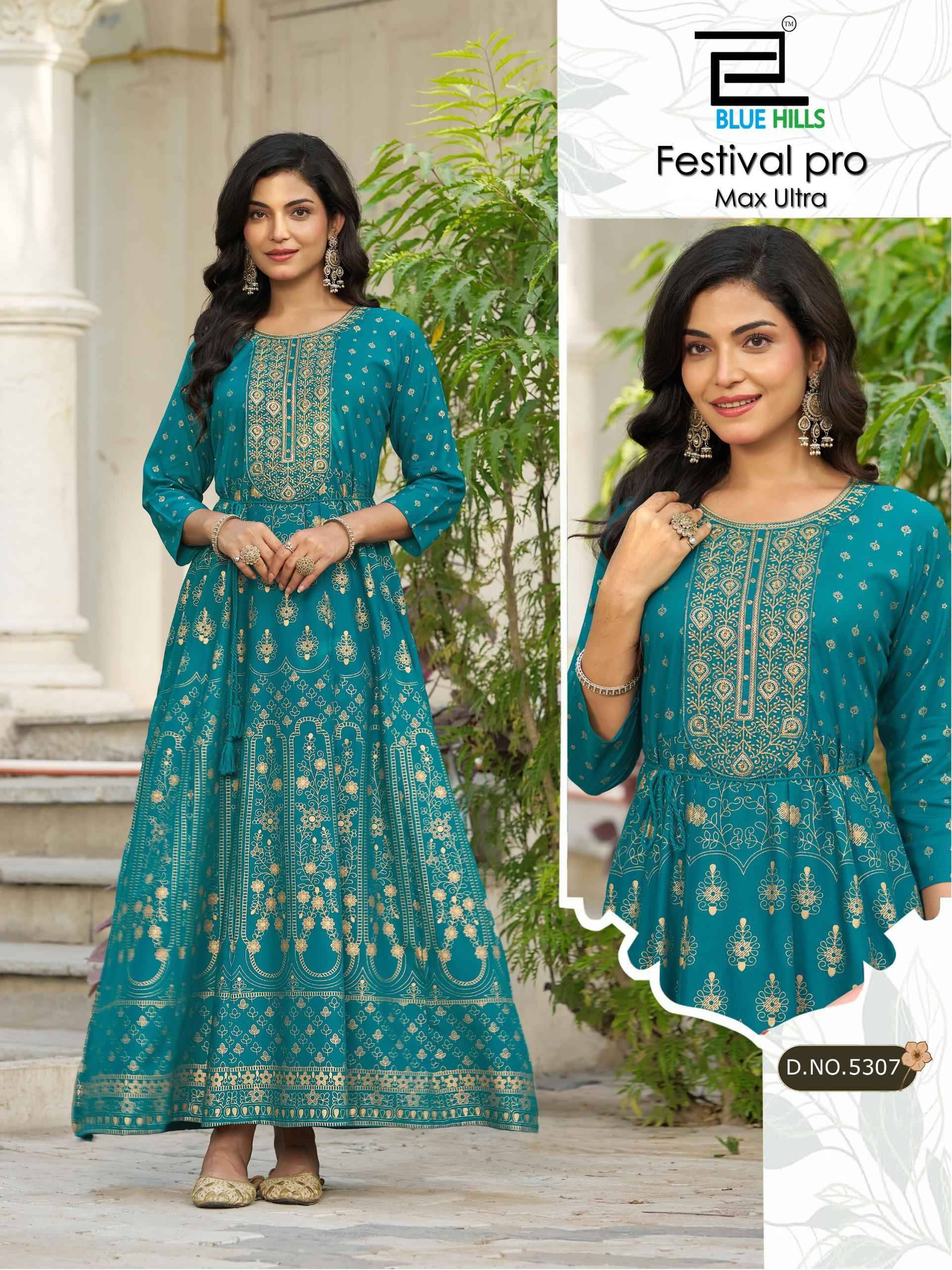 Festival Pro max ultra By BLUE HULLS 5303 To 5308 Series Designer Stylish Fancy Colorful Beautiful Party Wear & Ethnic Wear Collection Rayon 14kg Gown At Wholesale Price